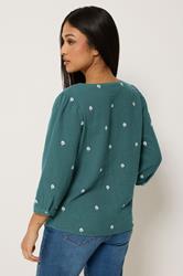 M&Co Petite Teal Blue Floral Embroidered Cotton Blouse | M&Co 2