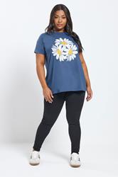 YOURS Plus Size Blue Daisy Embellished Graphic T-Shirt | Yours Clothing 1