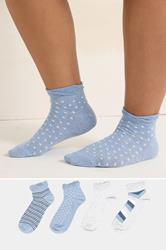 YOURSET 4 PACK Plus Size Blue Tonal Stripe Ankle Socks | Yours  1
