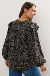 YOURS Plus Size Black Leaf Print Frill Top | Yours Clothing 2