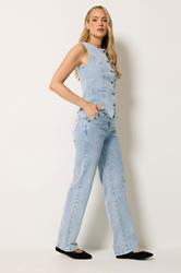 LTS Tall Women's Light Blue Button Detail Straight Leg Jeans | Long Tall Sally 3