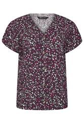 M&Co Berry Purple Ditsy Floral Print Button Front Blouse | M&Co 1