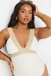 YOURS Plus Size White Metallic Tummy Control Swimsuit | Yours Clothing 5