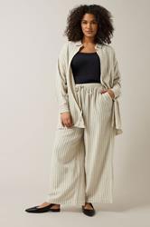 EVANS Plus Size Natural Brown Stripe Print Premium Linen Trousers | Evans 1