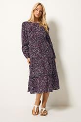 M&Co Berry Purple Ditsy Floral Print Ruffle Midi Dress | M&Co 1
