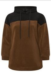 YOURS Curve Brown & Black Colourblock Teddy Fleece Hoodie