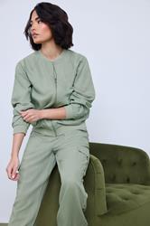 PixieGirl Petite Womens Sage Green Linen Bomber Jacket | PixieGirl 3