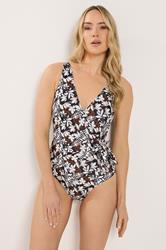 LTS Tall Women's Black Palm Leaf Patchwork Side Twist Swimsuit | Long Tall Sally 1