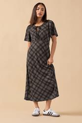 PixieGirl Petite Women's Brown Check Tie Front Midi Dress | PixieGirl 1
