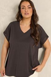 EVANS Plus Size Chocolate Brown Crochet Trim Cotton V Neck T-Shirt | Evans 3