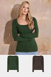 LTS Tall 2 PACK Brown & Green Square Neck Tops | Long Tall Sally 3
