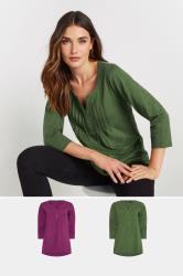 LTS Tall 2 PACK Khaki Green & Dark Pink Cotton Henley Tops | Long Tall Sally 1