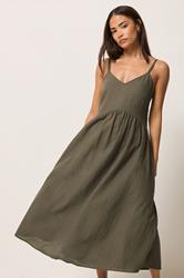 PixieGirl Petite Women's Chocolate Brown Strappy Linen Midi Dress | PixieGirl 3