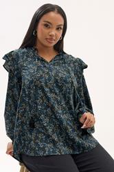 YOURS Plus Size Blue Ditsy Floral Print Frill Top | Yours Clothing 3