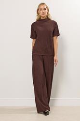 LTS Tall Brown Textured Elasticated Waist Wide Leg Trousers | Long Tall Sally 3