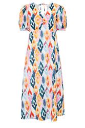 PixieGirl Petite Women's Pink Linen Abstract Puff Sleeve Maxi Dress | PixieGirl 6