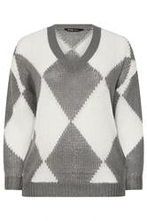 YOURS Curve Grey Diamond V-Neck Soft Touch Jumper