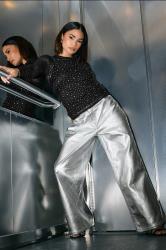 PixieGirl Petite Women's Silver Non-Stretch Metallic Wide Leg Jeans | PixieGirl 3