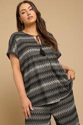 YOURS Plus Size Black Metallic Zig Zag Tie Neck Top | Yours Clothing 1