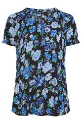 YOURS Curve Black & Blue Floral Notch Neck Blouse