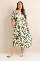 EVANS Plus Size Green Leaf Placket Midi Dress | Evans 2