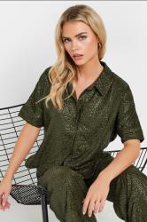 PixieGirl Petite Women's Khaki Green Sequin Embellished Short Sleeve Shirt | PixieGirl 5