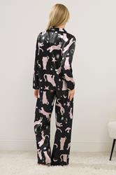 PixieGirl Petite Women's Black Graphic Satin Button Pyjama Set | PixieGirl 2