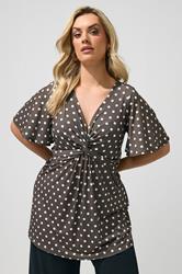 YOURS LONDON Plus Size Chocolate Brown Polka Dot Knot Front Top | Yours Clothing 3