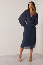 LTS Tall Navy Blue Chiffon Dobby Pleated Wrap Midi Dress | Long Tall Sally 3