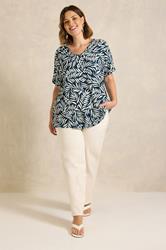 EVANS Plus Size Navy Blue Leaf Print Crinkle Blouse | Evans 1