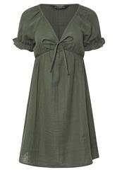 PixieGirl Petite Khaki Green Tie Front Cotton Mini Dress