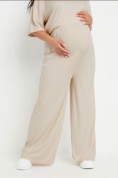 BUMP IT UP MATERNITY Plus Size Cream Premium Ribbed Wide Leg Trousers | Yours Clothing 3