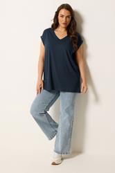 YOURS Plus Size Navy Blue V-Neck Basic T-Shirt | Yours Clothing 3