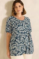 EVANS Plus Size Navy Blue Leaf Print Crinkle Blouse | Evans 3