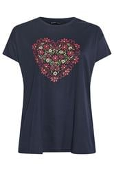 YOURS Curve Navy Blue Floral Heart Embroidered T-Shirt
