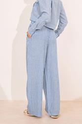 PixieGirl Petite Women's Blue Linen Striped Wide Leg Trousers | PixieGirl 2
