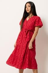 M&Co Petite Red Broderie Tie Waist Cotton Midi Dress | M&Co 3
