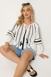 YOURS Plus Size Cream Embroidered Tie Neck Blouse | Yours Clothing 1