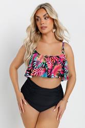 YOURS Plus Size Black Tropical Print Frill Bikini Top | Yours Clothing 3