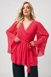 YOURS LONDON Plus Size Red Pleat Sleeve Wrap Top | Yours Clothing 3