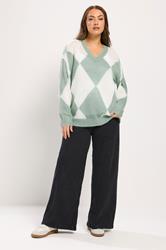 YOURS Plus Size Green Diamond V-Neck Soft Touch Jumper | Yours Clothing 1