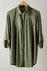 EVANS Curve Khaki Green Tab Sleeve Blouse