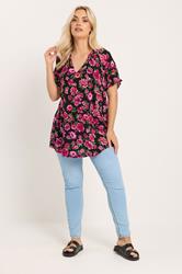 YOURS Plus Size Black & Pink Floral Notch Neck Blouse | Yours Clothng 1