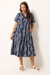 YOURS Plus Size Navy Blue Paisley Tiered Midi Dress | Yours Clothing 1