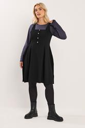 YOURS Plus Size Black Button Front Textured Pinafore Dress | Yours Clothing 3