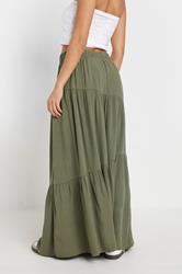 PixieGirl Petite Women's Khaki Green Asymmetric Tiered Maxi Skirt | PixieGirl 2