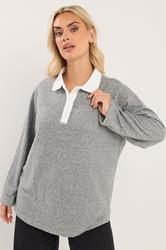 YOURS Plus Size Grey Long Sleeve Rugby Collar Top | Yours Clothing 3