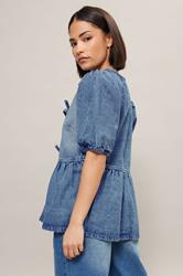 PixieGirl Petite Women's Blue Denim Tie Front Peplum Top | PixieGirl 4