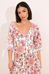 PixieGirl Petite Women's White Abstract Tile Cotton Puff Sleeve Top | PixieGirl 1