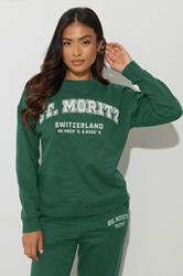 PixieGirl Petite Women's Green St Moritz Slogan Sweatshirt | PixieGirl 2